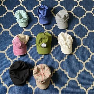 3 Pistil, Patagonia, 2 newsboys, satin baseball hat, and worn baseball hat